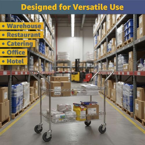 18" x 46" Commercial Chrome Utility Cart with 2 Basket Shelves - Heavy-Duty NSF Wire Storage Rolling Cart with Handles, Mobile Serving Cart for Restaurant, Hotel, Warehouse, Office, Kitchen