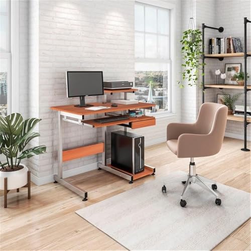 Pemberly Row Contemporary Wood/Steel Computer Desk, 38" W x 22" D x 30" H, Mahogany Finish, MDF and Steel Construction, Pull-Out Keyboard Tray, Printer and Scanner Shelves, Home Office Desk