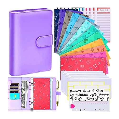35Pcs A6 PU Leather Budget Binder Notebook Cash Envelopes System Set, with Pockets for Money Saving Bill Organizer(D)