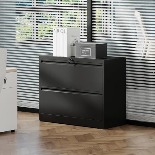 Clyrava 2 Drawer File Cabinet, Black Lateral Filing Cabinets for Home Office School, Heavy Duty Metal Wide Drawers Cabinets with Lock, Under Desk Drawers for Letter/Legal/A4/F4 (Black 2 Drawer)