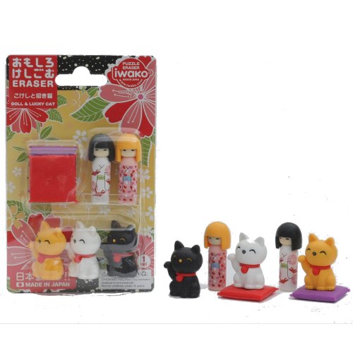 Iwako SCERBRI020 Eraser Kokeshi and Maneki Cat Set, 10 Pieces