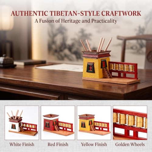 MRJYK Handmade Wooden Pen Holder, Olid Wood Desk Pen Organizer, Tibetan‑style, With Rotatable Prayer Wheels, Ethnic Decor Pencil Pot, Solid Wood Painted Creative Ornaments, For Holiday A