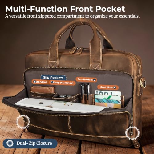 Augus Buffalo Crazy Horse Leather Briefcase for men,16 Inch Brown