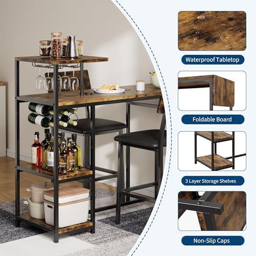 MOVECOM 3-Piece Bar Table & Chairs Set for 2 with Storage Shelves, Wine Rack, Cup Holder, PU Leather Stools, Small Dining Table for Kitchen, Breakfast Nook or Apartment, Classic Color