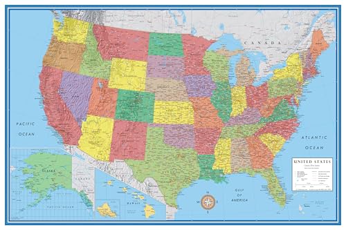 Swiftmaps 32x50 United States Classic Premier Blue Oceans 3D Wall Map Poster (Laminated)