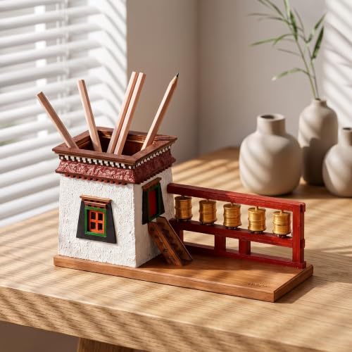 MRJYK Handmade Wooden Pen Holder, Olid Wood Desk Pen Organizer, Tibetan‑style, With Rotatable Prayer Wheels, Ethnic Decor Pencil Pot, Solid Wood Painted Creative Ornaments, For Holiday A