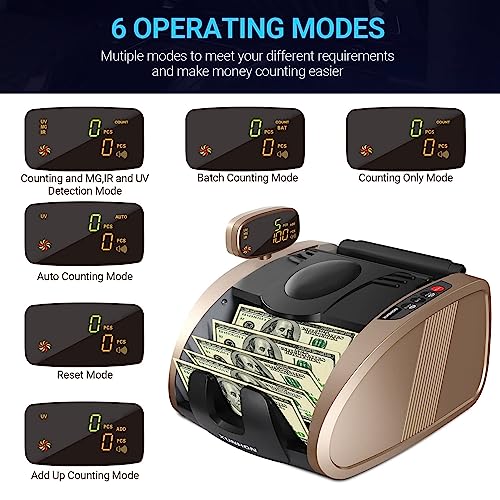 Money Counter Machine, Bill Counter with UV/MG/IR Counterfeit Detection, Portable Cash Counting Machine with 9 Modes, 2LCD Display, Hidden Handle