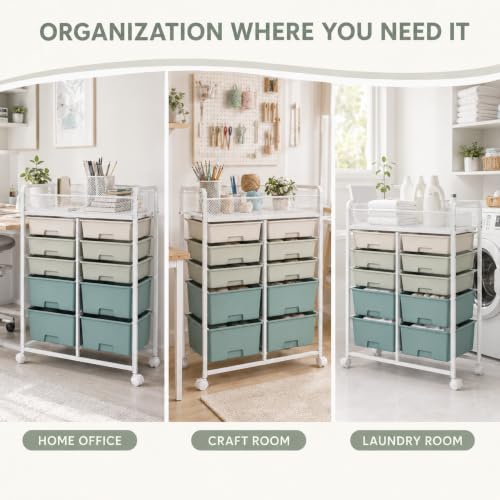 10-Drawer Rolling Cart with Wheels, Storage Organizer with Mesh Top Shelf