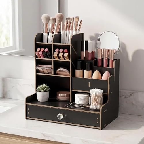 GHCUHJ Natural Bamboo Desk Organizer, Multi-Compartment Storage Caddy with Drawer, Desktop Organizer for Office Supplies, Makeup, Stationery, Home & Office Use