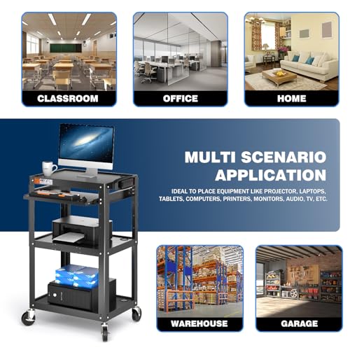 POCHAR Steel AV Cart on Wheels - Rolling Projector Cart with Height Adjustable Shelf, Pullout Keyboard Tray, Power Strip, Cord Management - Mobile Media Carts Computer Workstation for Office Classroom