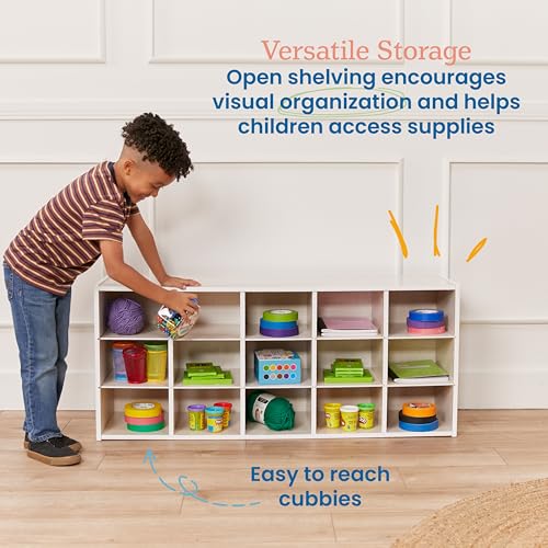 ECR4Kids Streamline 15 Cubby Tray Storage Cabinet, 3x5, Classroom Furniture, White Wash