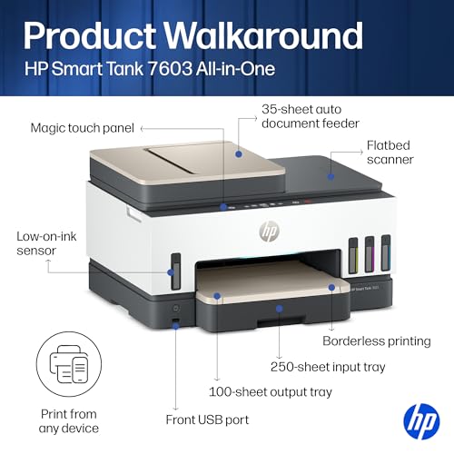 HP Smart Tank 7603 Wireless All-in-One Ink Tank Printer, Scanner, Fax, Copier with up to 3 Years of Ink Included, Best-for-Home Office, Cartridge-Free Refillable, AI-Capable (9B5D1A)