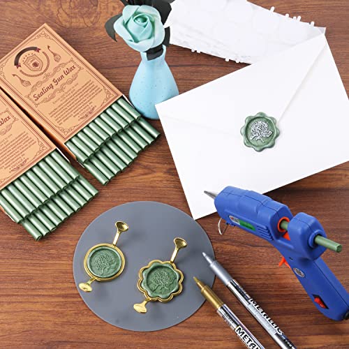Wax Seal Kit, WASOHLING 40Pcs Pine Green Sealing Wax Sticks with Glue Gun, Wax Seal Molds, Silicone Waxing Mat, Marker Pens, Premium Kit for Wedding Invitations Envelopes Cards (Pine Green)