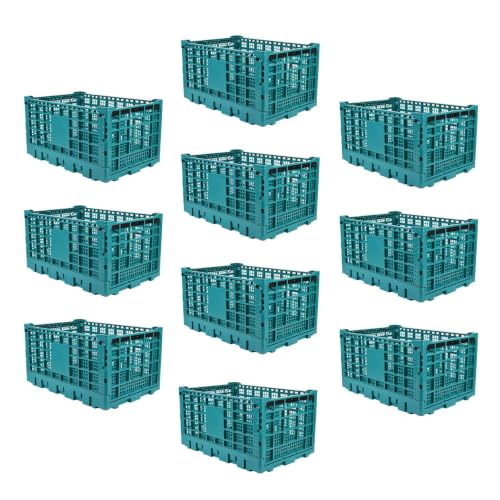 SunnyFurn 52L Heavy-Duty Collapsible Stackable Storage Crate - 10-Pack Green