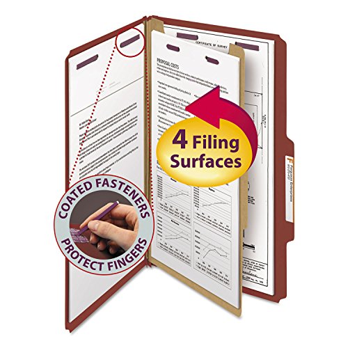 Smead Pressboard Classification File Folder with SafeSHIELD Fasteners, 1 Divider, 2" Expansion, Legal Size, Red, 10 per Box (18775)