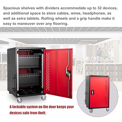 32-Bay Mobile Charging Cart for Laptops & Tablets up to 15.6", Locking Doors & Casters, Ventilated Design, Built-in Power Strip, School/Office Use, Easy Assembly (Black, Red)