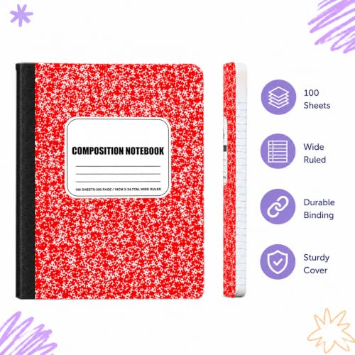 ZUBBLLE Composition Notebooks, Wide Ruled, Red Marble, 48-Pack