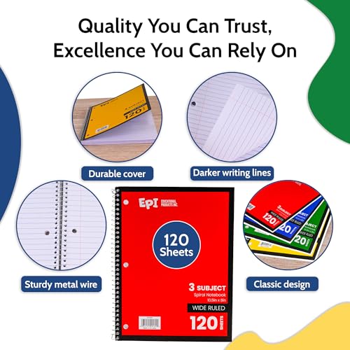 EPI Spiral Notebook | 3 Subject - Wide Ruled - 120 Sheets, Durable Spiral Binding | 10.5 x 8 in | Classroom Supplies | School, Office, Note Taking, Journaling - 24 Pack