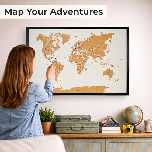 World Map Pin Board Large 30"x20" Framed | Cork Wall Map with Country Flags, Metallic & Colored Pins | World Travel Map with Pins | Unique Push Pin Map Gift for Travelers, Couples & Families.