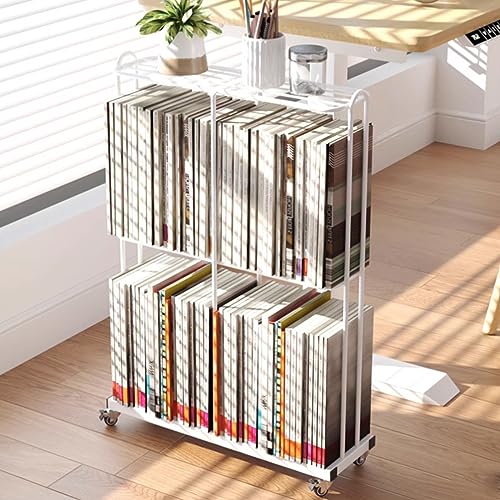 UVCMDUI Mobile Bookshelf with Wheels, Metal Rolling Utility Book Cart for Narrow Space Storage, Flexible Mute Movement Book Rack Storage Bookshelf for School Classroom Home,White