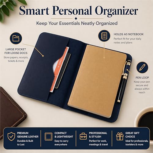 TheAntiq Premium Leather Journal Cover A5 – Handmade Refillable Notebook Cover Sleeve with Pen Holder for Writing, Travel & Business Use 5.75 x 8.25 (Blue)