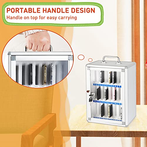 Aluminum Alloy Pocket Chart Cell Phones Storage Cabinet for Cell Phones,Wall-Mounted with a Locked,Can be Carried by Hand (Silver 24 Slots)