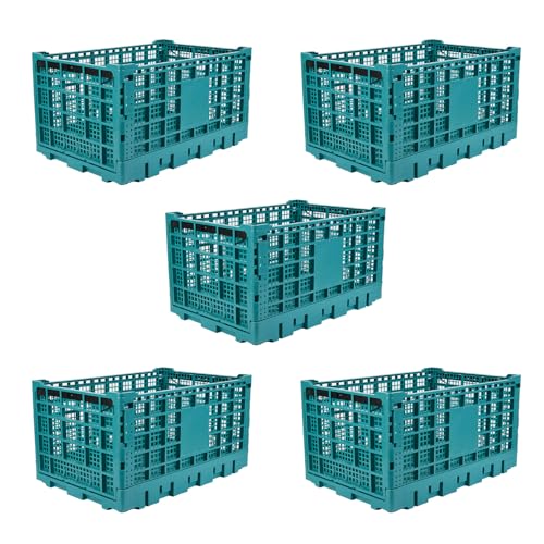 FinerFurnis Collapsible Heavy Duty Plastic Storage Crates – 52L Large Capacity Organizer – Stackable Bins with Reinforced Handles – Supports Up to 130 lbs – Home, Office, Camping – 5PCS Green