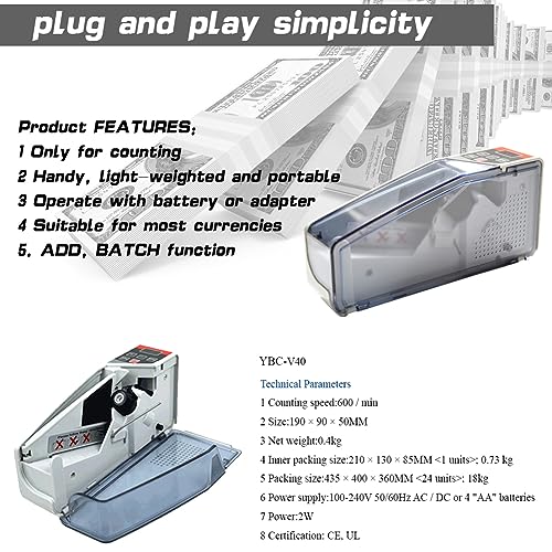 KEULEN Portable Money Counter Machine, Mini Handy Cash Bill Counting Machine with Digital Display Screen, 600pcs/min Banknote Paper, Number of Sheets Can Be Set, Multinational Currency Counting