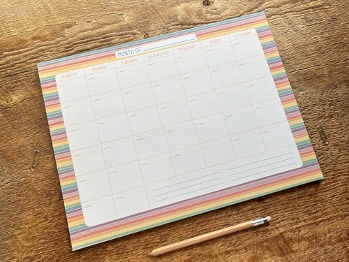 Rainbow Stripes Monthly Fill-In Desk Planner, Large Monthly Grid Fill-In Desk Planner Pad, Open Dated 13.25 in by 10 in Calendar Pad for Desk with Chipboard Backer, 50 Sheets by Noteworthy Paper