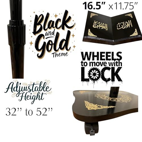 Quran Stand Holder Tall with Adjustable Height Quran or Religious Book Holder Lectern Cookbook Stand Koran Islamic Book Holder Portable with Wheels Reading Desk 16.5X 11.75” (Black)