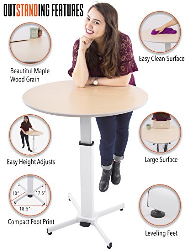 Stand Steady Adjustable Height Round Table - Ergonomic Sit to Stand Desk, Side Table, High Top Cocktail Cafe Table - Ideal for Saving Space and Comfortable Sitting (White/Maple, 31.5in x 28-42.5in)