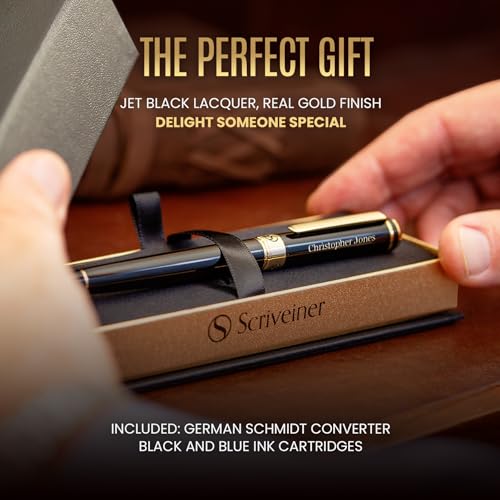Scriveiner Personalized Black Fountain Pen - Stunning Luxury Pen, Jet Black Lacquer, Real Gold Plating, German Schmidt Nib (Medium), Best Engraved Gift Set for Men & Women, Name Engraving