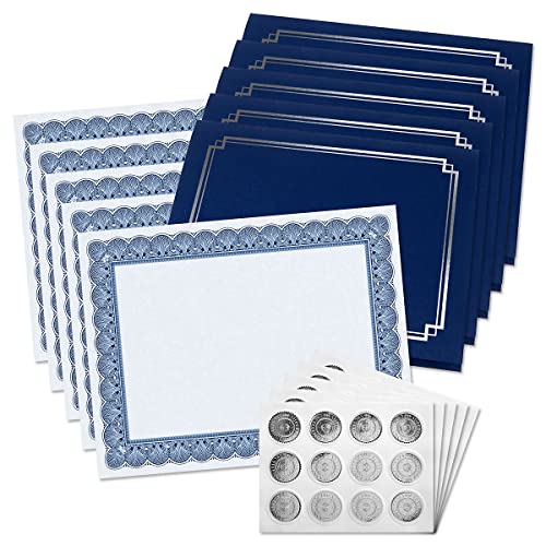 Fine Stationery Classic Elite Award Certificate Collection - Includes 25 Certificate Papers (White/Blue), 25 Heavy Linen Folders (Blue/Silver), 25 Silver Foil Seals, Laser & Inkjet Printer Compatible