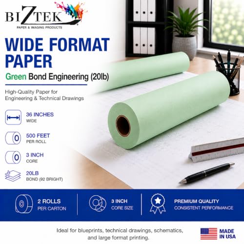 BIZTEK Wide Format Paper 36" x 500' Green Bond Engineering 20lb | 92 Bright | 2 Rolls | 3" Core