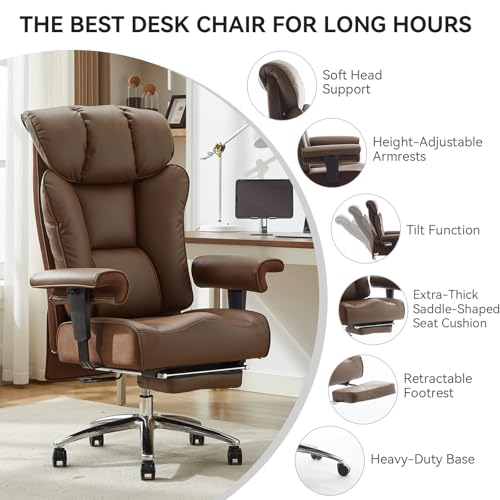 Efomao Big and Tall Office Chair 400lbs - Heavy Duty Executive Desk Chair with Foot Rest & 23" Wide Seat - High Back Ergonomic Leather Computer Chair for Heavy People, Home Office, Brown