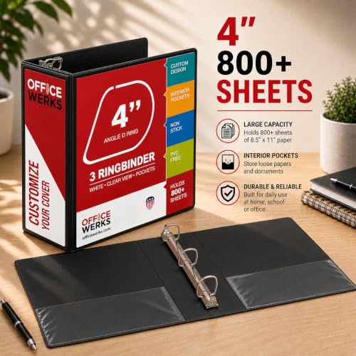 4 Inch Locking D-Ring Binder, 3 Ring Heavy Duty (4 Pack) - Black
