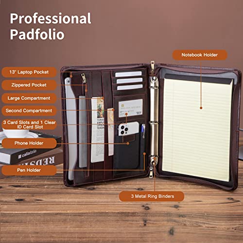 Geslun Leather Portfolio 3 Ring Binder for 8.5 x 11" Notepad and 13" Laptop