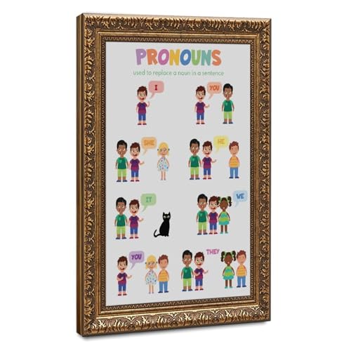 wangpaihui PRONOUNS FOR KIDS English Grammar Chart Parts of Speech Homeschool Classroom Poster Educational Poster Canvas for Elementary Middle School Classroom Education Retro Gold Frame24 L X 36" W