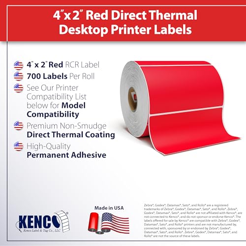 4” X 2" Direct Thermal Perforated Stickers Labels for Barcodes, Address, Small Business Labeling, Inventory and Color Coding - Compatible with Zebra, Rollo, Munbyn, and More (Red, 6 Rolls)
