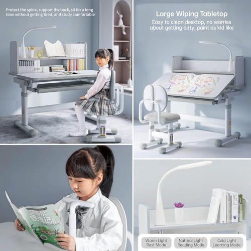 AMUYTCP Height Adjustable Functional Ergonomic School Study Table with Tilt Desktop, Desk and Chair Set, Workstation Writing Desk with Storage Drawers, LED Light, Bookstand, Metal Hook(Color:Grey)