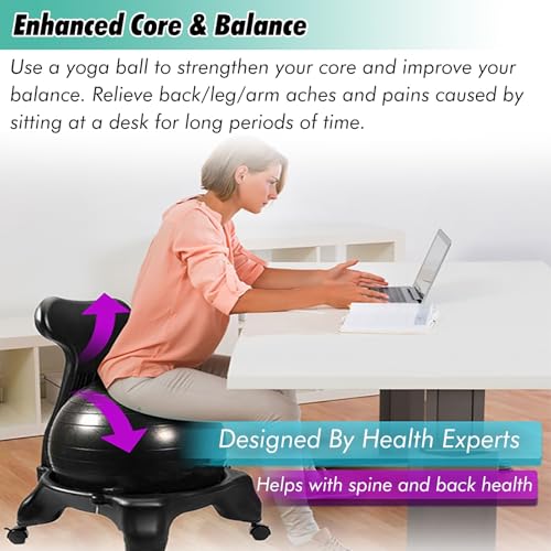 LKXNEW Exercise Ball Desk Chair for Office, Adjustable Pilates Ball Seat with Roller Base, Anti Slip Ergonomic Yoga Ball Chair Stability (Blue)