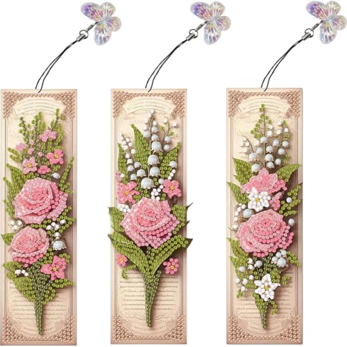 3Pcs Special Shape Rose Bouquet Diamond Art Bookmark for Book Lovers (A)