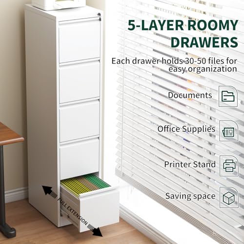 5 Drawer File Cabinet with Lock, Metal Vertical File Cabinets for Home Office, Office Furniture for Organization Hanging Legal/Letter/A4, Office File Cabinet Storage Cabinet, Require Assembly, White