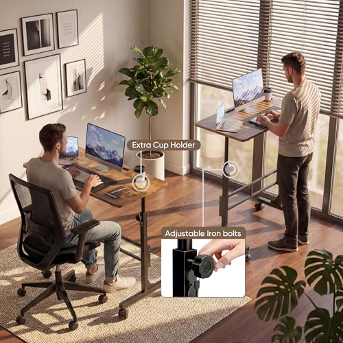 Furmax 31.4" Small Portable Standing Desk Height Adjustable with Lockable Wheels, Mobile Stand Laptop Computer Workstation for Walking Pad Treadmil (Rustic)