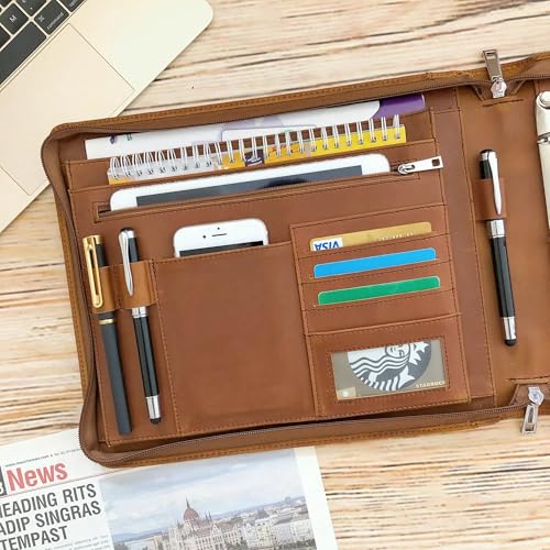 Business 3 Ring Check Binder, Genuine Leather Check Book Portfolio for 3 Holes or 9 Holes Checks, Check Book Binder for 11 1/4"x9", Crazy Horse Leather (Brown, Standard)