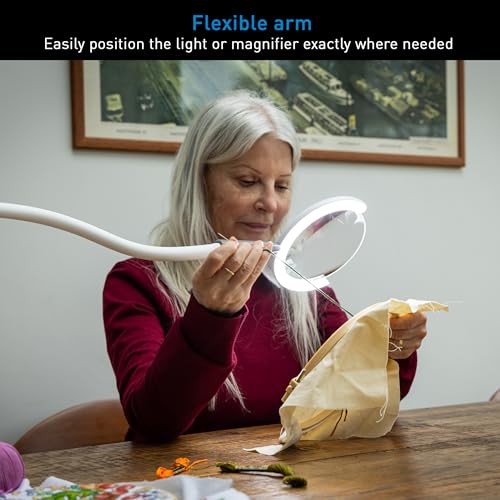 Daylight Magnificent Pro™ LED Magnifying Lamp with Clamp – 2-in-1 Task Light & Magnifier, 5,500 Lux at 6", 5" 1.75X Lens, 3 Brightness Levels, Flexible 26" Arm, 95+ CRI, Easy Twist Head – White/Grey