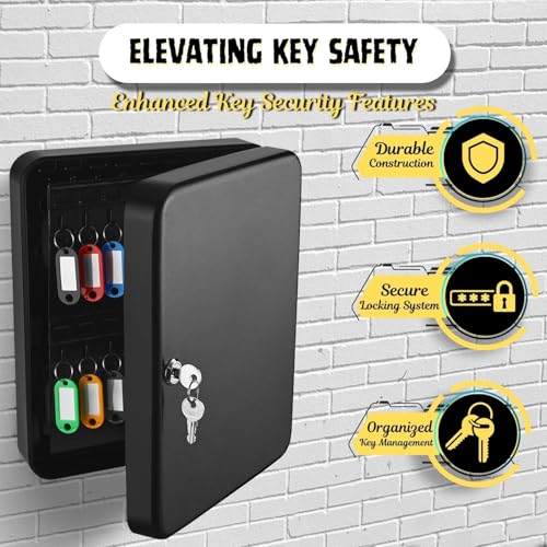 Flexzion Key Cabinet Key Lock Box Wall Mount with 60 Key Holder Organizer Locker Case, Colored Key Tags & Hooks Wall Mounted Lock Box for Keys Storage, Homes, Property, Hotels, Business (Black)