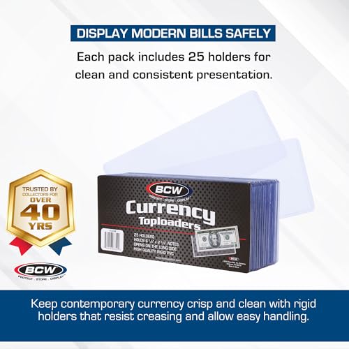 BCW Currency Topload Holder - 75ct | Clear Rigid PVC Protective Sleeve for Standard US Dollar Bills | Archival Safe, Scratch-Resistant Display Toploader for Paper Currency Collectors