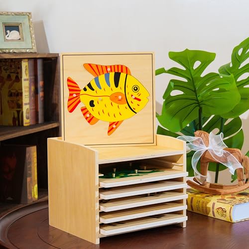 Premium Montessori Animal Puzzle Cabinet with 6 Puzzles 15" Horse Fish Turtle Bird Frog Ant– Wooden Zoology Biology Materials for Kids, Educational Toys for Kids Toddler Classroom Homeschool Learning