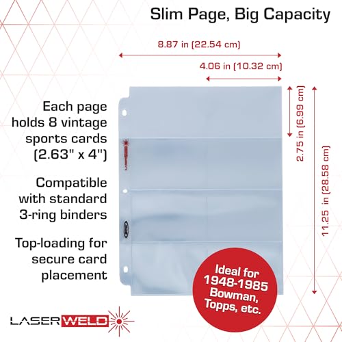 LaserWeld® 8-Pocket Binder Card Sleeves | Card Pages for Binders | Card Sheets for Binder | Card Sleeve Pages for Vintage Sports Cards (1948–1985) | Acid-Free, Archival-Grade | 100 Pack